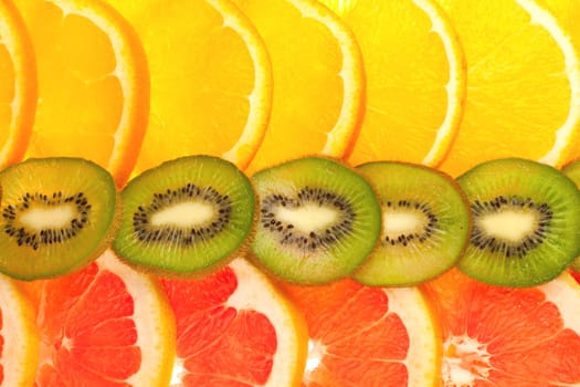 Three rows of orange,grafruit and kiwi slices