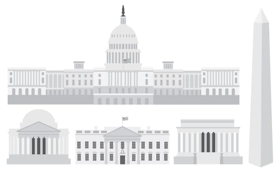 Washington DC US Capitol Building Monument Jefferson and Lincoln Memorial Illustration