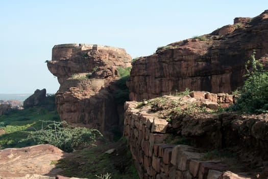 Stone fort wall and galleries in Badami, Karnataka, India, Asia