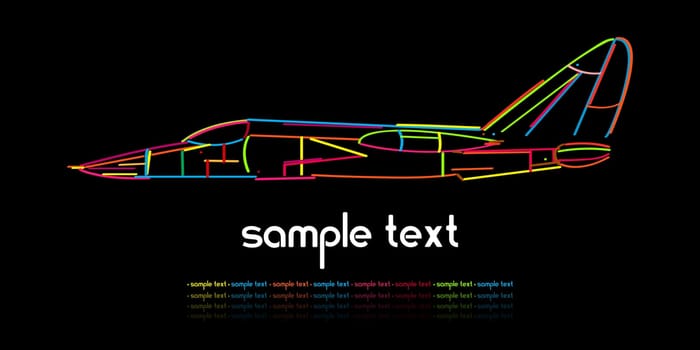 Stylized silhouette of a jet plane on black background and room for text.
