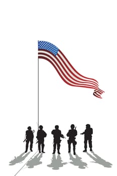 Five soldiers silhouette and an American flag and reflection