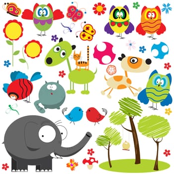 Large set of design elements over white background, animal, bird, insect and plants collection