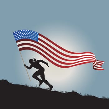 Running soldier silhouette with flag of United States of America.