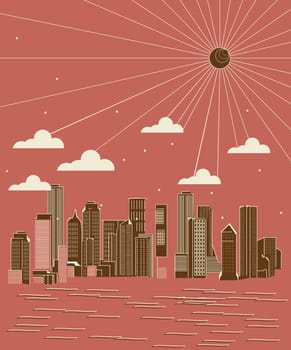 Stylized city skyline in brush strokes, abstract art illustration.