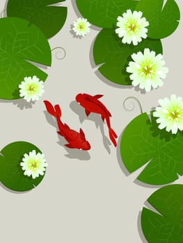 Koi fish and lotus leaves and flowers background card with room for text