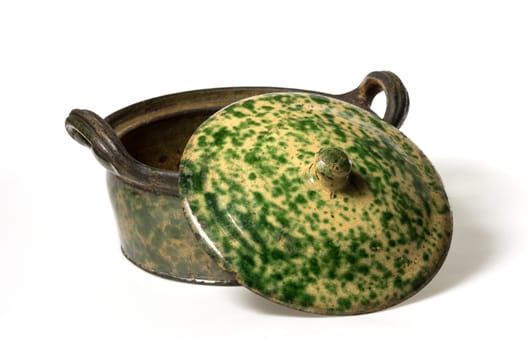Rustic pot with lid and brown-green glaze