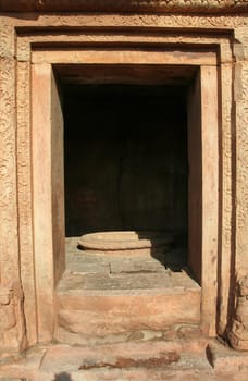 Red stone door of lower Shivalaya temple in Badami, Karnataka, India, Asia