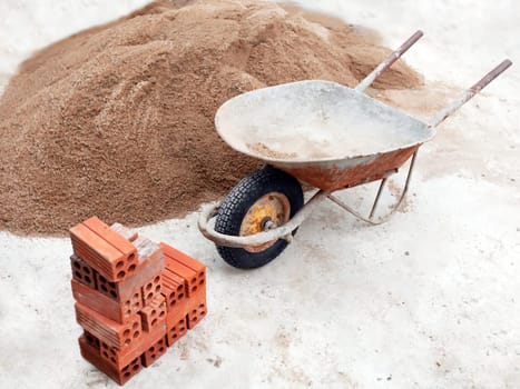 Wheelbarrow and bricks. Construction concept