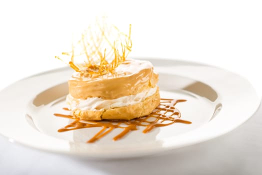Delicious creamy dessert with caramel topping on isolated background