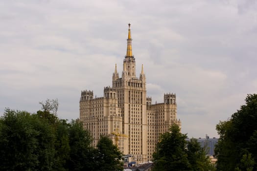 Big historic building in Moscow with star. Russia