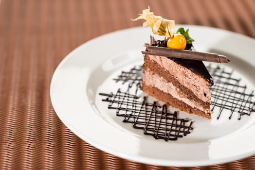 Delicious chocolate cake with physalis on white plate cocoa background