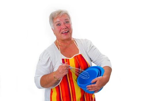 Senior woman with mixing bowls - isolated on white background
