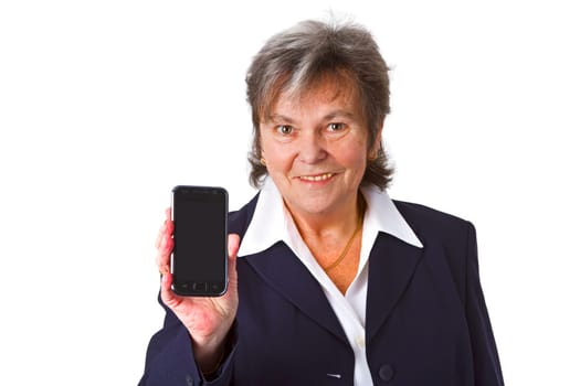 Successful senior woman using smartphone - isolated on white background