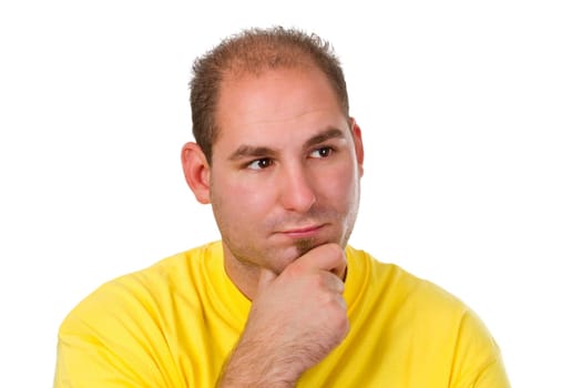Young man looking skeptical - isolated on white background
