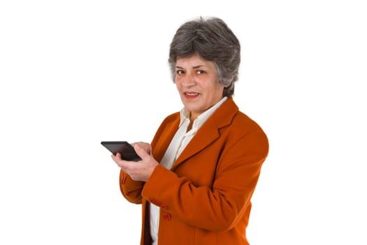 Senior woman with calculator - isolated on white background