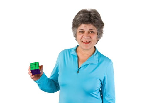 Senior woman with square cube - isolated on white background