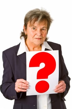 Senior woman holding question mark - isolated on white background