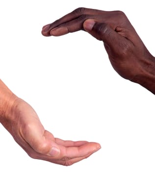 Hands of different races together isolated in white