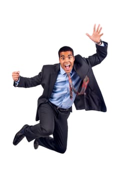 Happy businessman jumping isolated in white