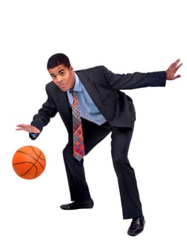 Businessman playing basket isolated in white