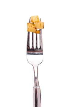 Finely diced fried potatoes on a fork white isolated