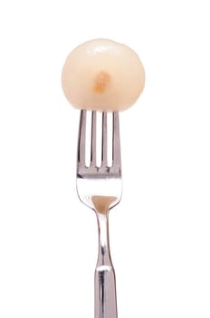 White isolated sour pickled onion on a fork
