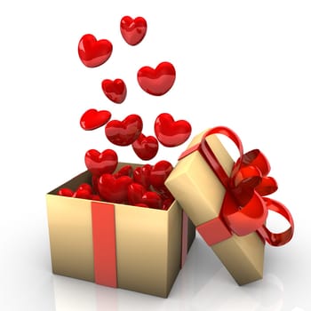 Opened cardboard box with red ribbons and flying hearts.