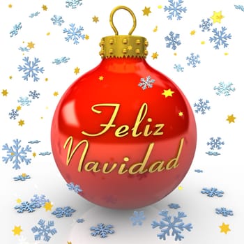 Red bauble with text Feliz Navidad" , snowflakes and stars on the white background"