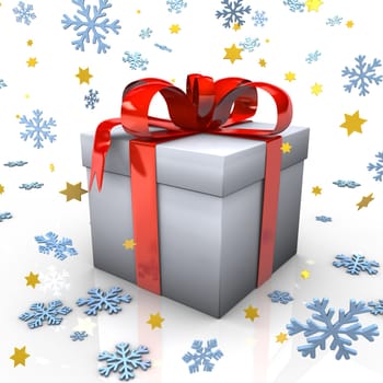 Gift with red ribbons, snowflakes and golden stars on the white background.
