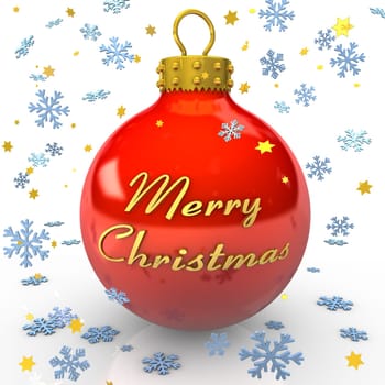Red bauble with text "Merry Christmas"" , snowflakes and stars on the white background."