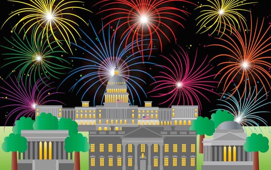 Washington DC US Capitol Building Monument Jefferson and Lincoln Memorial with Fireworks Illustration