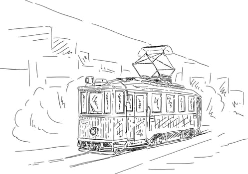 vector - Historic tram on a street, isolated on background