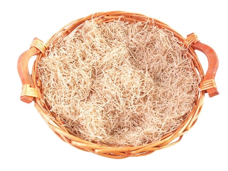 Wicker basket with straw for food such as eggs and cheese