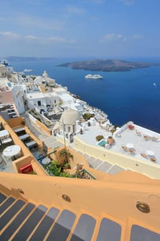 View on the volcano and Aegean sea from Fira city, Santorini island, Greece