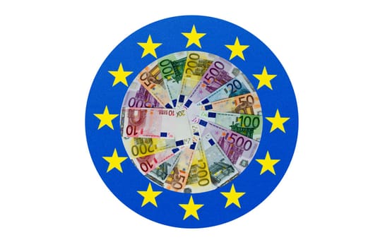 Pie chart with euro banknotes and EU symbol