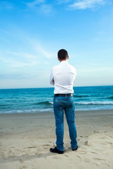 Fashion style photo of handsome man outdoor