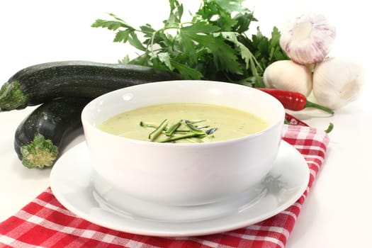 a bowl of zucchini cream soup with fresh julienne