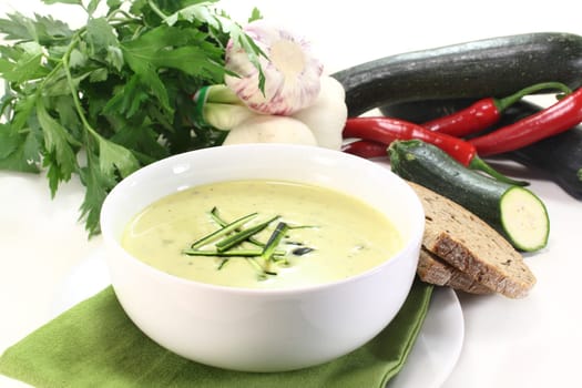a bowl of zucchini cream soup with fresh julienne