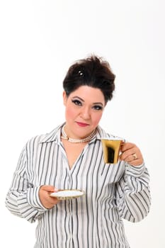 Pretty plus size woman with gold cup of coffee