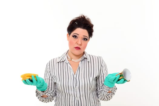Woman in carrier cleaning a gold mug
