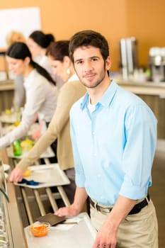 Business man take cafeteria lunch food carry serving tray