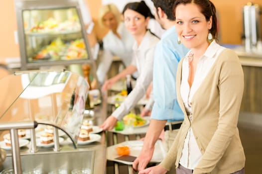 Business woman take cafeteria lunch smiling self service buffet food