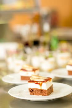 Banana dessert on white plate in cafeteria canteen delicious cake