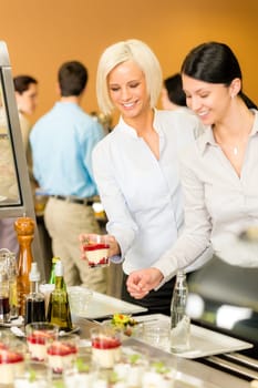 Cafeteria food young woman look dessert selection serving tray