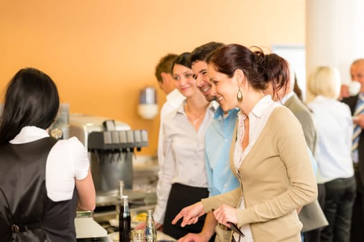 Paying at cafeteria woman cashier serve woman food and drinks