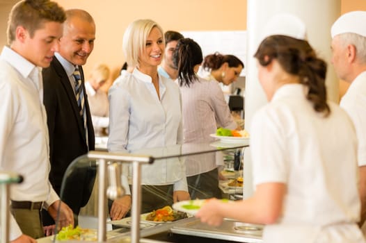 Cook serve meals business woman take lunch in cafeteria