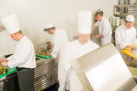 Professional kitchen busy team cooks and chef prepare meal