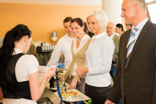 Cafeteria cashier woman check guest list businesswoman take buffet lunch