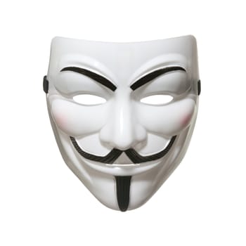 Studio shot of an Anonymous face mask, known as Guy Fawkes Mask from the movie V for Vendetta on white background.