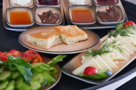 Persian breakfast of cheese, cucumber and tomato. High quality photo